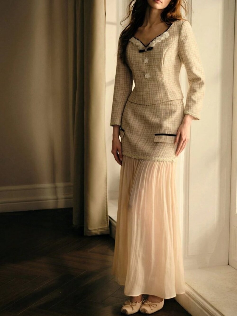 Tan Tweed Floral Applique Bow Cropped Jacket Skirt Set